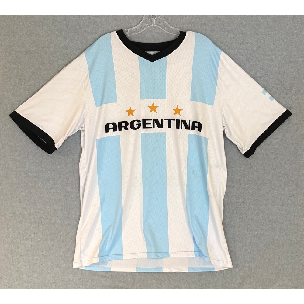 Lionel Messi 10 Argentina Soccer Jersey Youth XXL Blue White Striped V-Neck READ